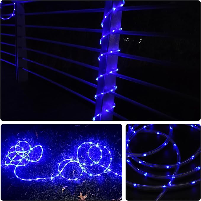 LED Rope Lights for Outside, 20Ft 360°Blue Solar Rope Lights Outdoor Waterproof, 86 LEDs 110V 8 Modes Remote Control Timer Christmas Rope Lights for Party Holiday Garden Decoration (Blue)