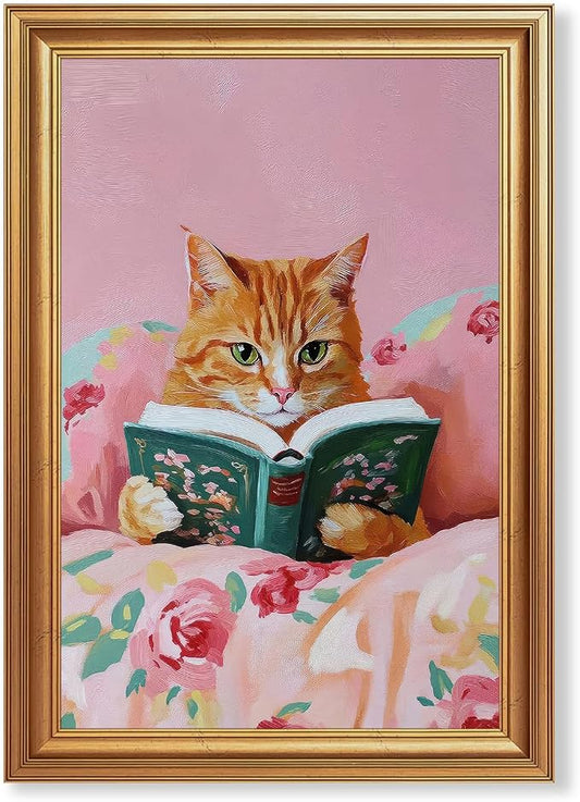 Fantasy Artists Gold Framed Wall Art Prints, Cute Orange Cat Reading a Green by Unknown