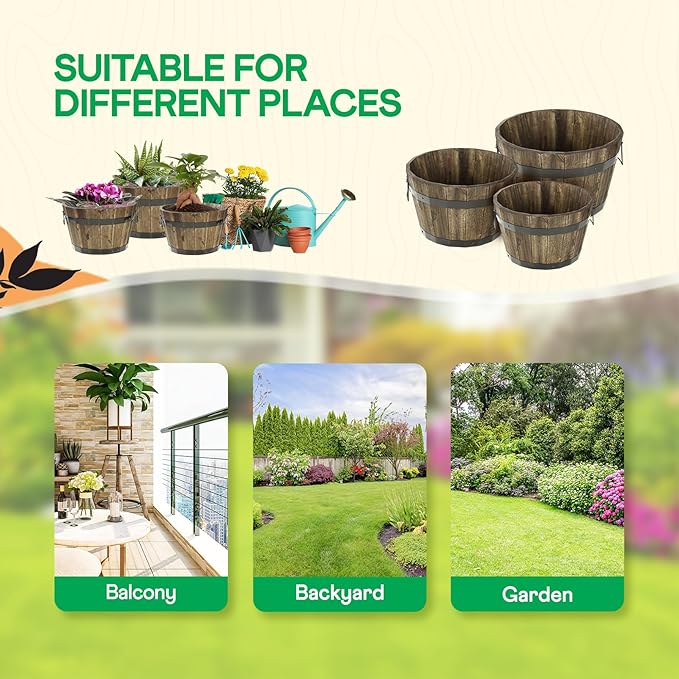 IDZO Set of 3 Wooden Flower Planters for Outdoor Plants, Acacia Wood Barrel Planters, Ergonomic Handles, Drainage Holes, Various Sizes, Walnut