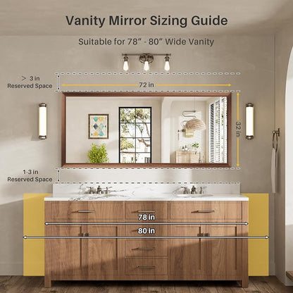 72x32 Inch Bathroom Mirror for Wall, Anti-Rust Walnut Wood Grain Metal Framed - Image 2