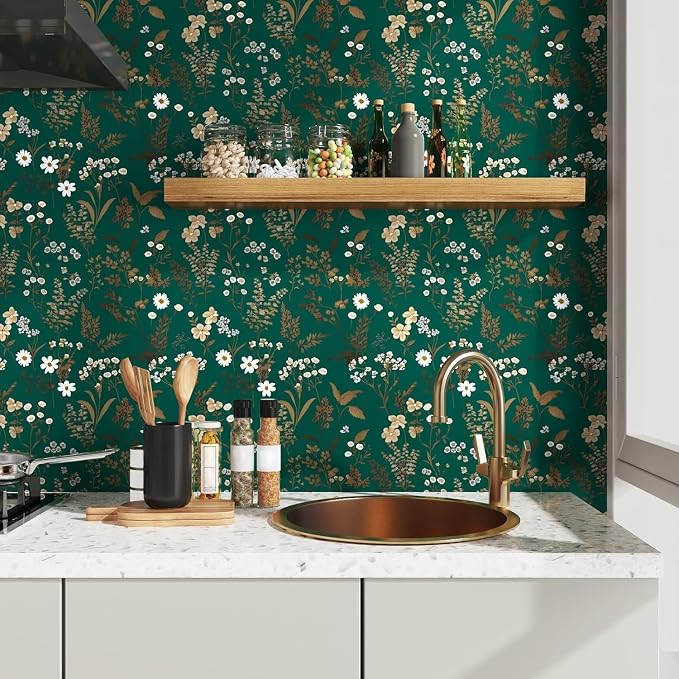 Laatse Dark Floral Wallpaper Peel and Stick 17.5in x393in Vintage Green Gold - Image 2