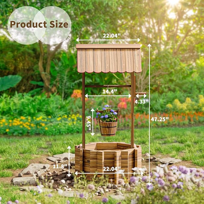 UDPATIO Rustic Solid Fir Wood Wishing Well Planter for Outdoor Plants, 16.5 in Diameter