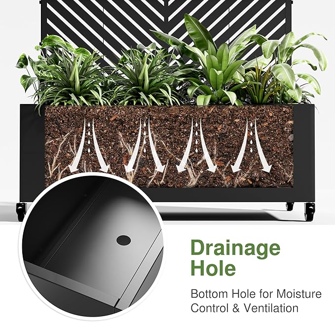 Casaphoria Metal Raised Garden Bed with Trellis and Wheels, 72"x35"x16" Planter Box for Climbing Plants, Vegetables & Vines, Features Drainage Holes and Privacy Screen (Black-Parallel)