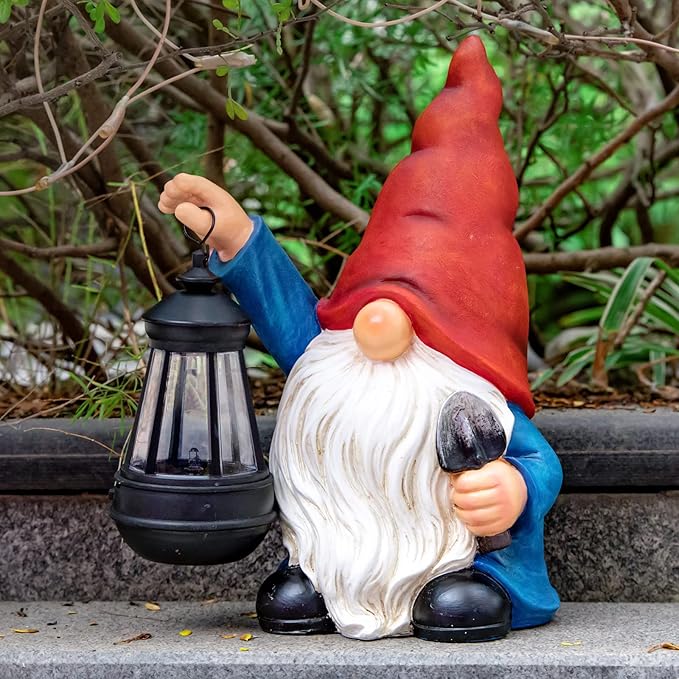 Garden Gnome Outdoor Decoration with Shovel Solar Gnomes Statue with Lantern LED Lights,Terrace Courtyard Lawn Patio Porch Decoration Christmas Housewarming Gift for Woman Mom