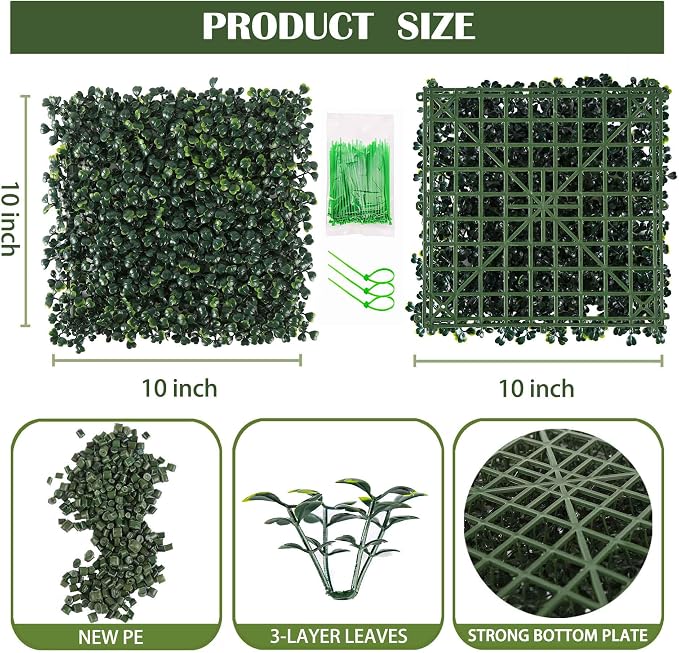 12PCS 10"x 10" Artificial Boxwood Wall Panels, UV-Anti Grass Wall Hedge Plant - Image 2