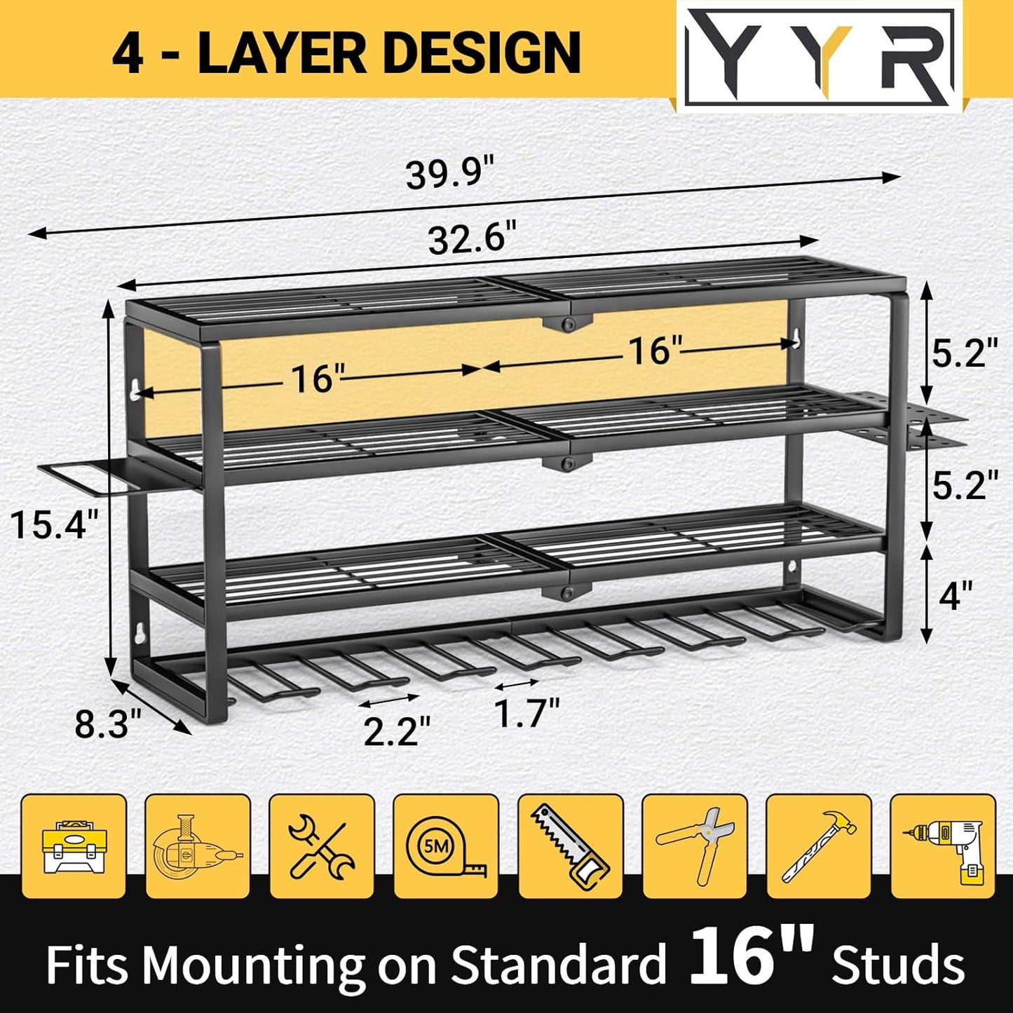 YYR 4 Layer Power Tool Organizer Wall Mount, Cordless Drill Hanger Storage Rack, Battery Tools Holder with Charging Station Shelf for Garage Organization, Workshop, Pegboard, Shed - 32 Inch 8 Slots