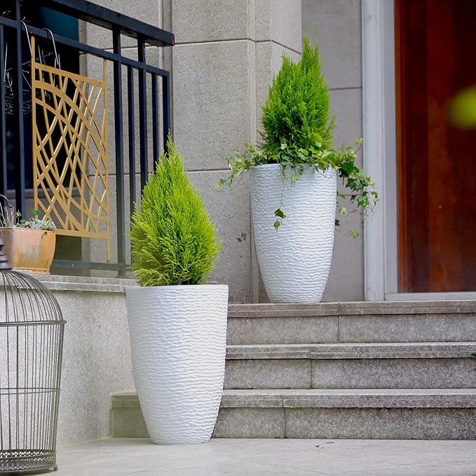 Worth Garden 2-Pack 21" H. White Tall Planters - 14'' Dia Resin Large Round Flower Pots for Outdoor Plants Trees - Imitation Stone Finish Plastic Indoor Front Porch 9 Gallon Decorative Container Patio