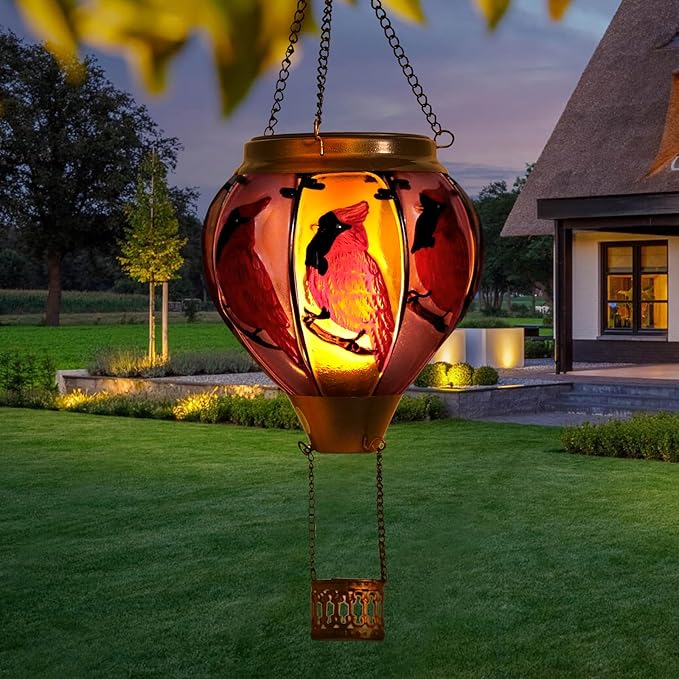 18inch Hot Air Balloon Solar Lantern with Flickering Flame Hanging Solar Outdoor Lantern Lights Waterproof Lanterns for Garden Patio Yard Party Decoration Cardinal