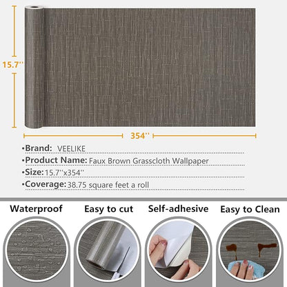 VEELIKE Truffle Brown Grasscloth Wallpaper Peel and Stick Grass Cloth Vinyl - Image 8