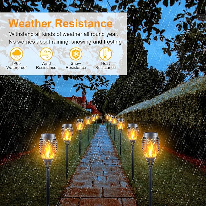 12-Pack Solar Torch Lights with Flickering Flame - 12LED Mini Fire Effect Solar-Powered Tiki Torches, Waterproof Outdoor Lighting with Auto On/Off, Perfect for Garden, Patio & Pathway Decor