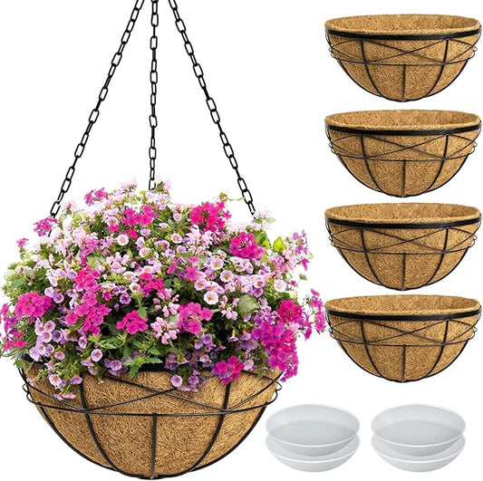 4 Pack 20 Inch Hanging Planters Baskets for Outdoor Plants Extra Large Deep Hanging Baskets with Natural Coconut Liner Flower Pots for Porch Balcony Garden Decor