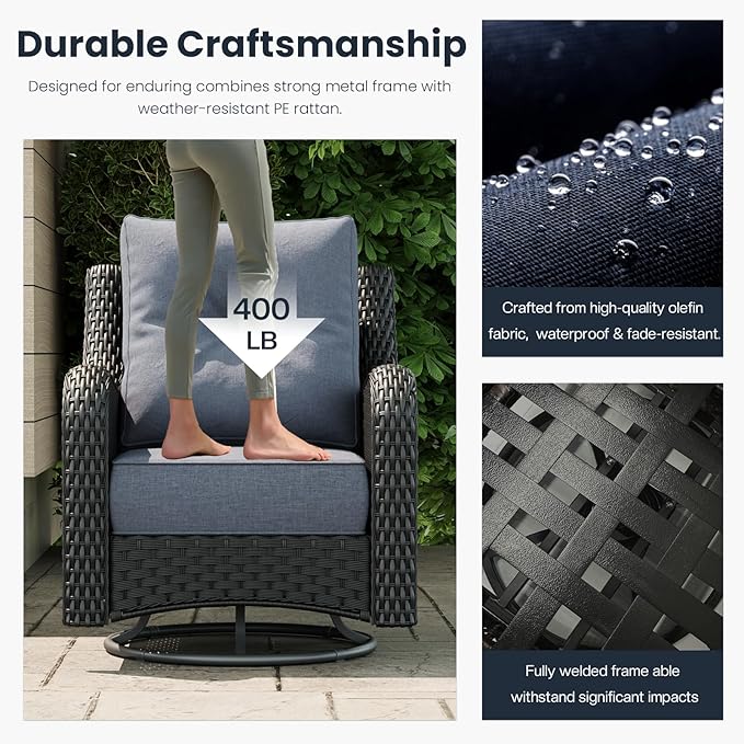 10 Pieces Outdoor Patio Furniture Sets with Rocking Swivel Chairs with 6-inch Thick Cushion and Fire Pit Table for Deck Lawn