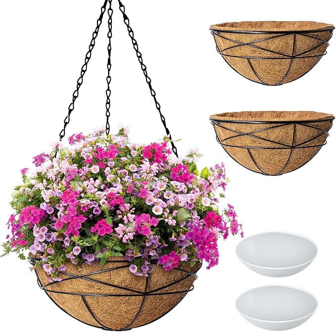 2 Pack 12 Inch Hanging Planters for Outdoor Plants Metal Watering Flower Baskets with Coco Liner for Hanging Pot Round Plant Holders Planter for Outside Garden Decor