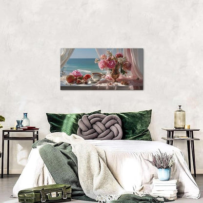 Vintage Pink Flower Wall Art Retro Flowers in Golden Vase Pictures Blue Ocean - Image 3