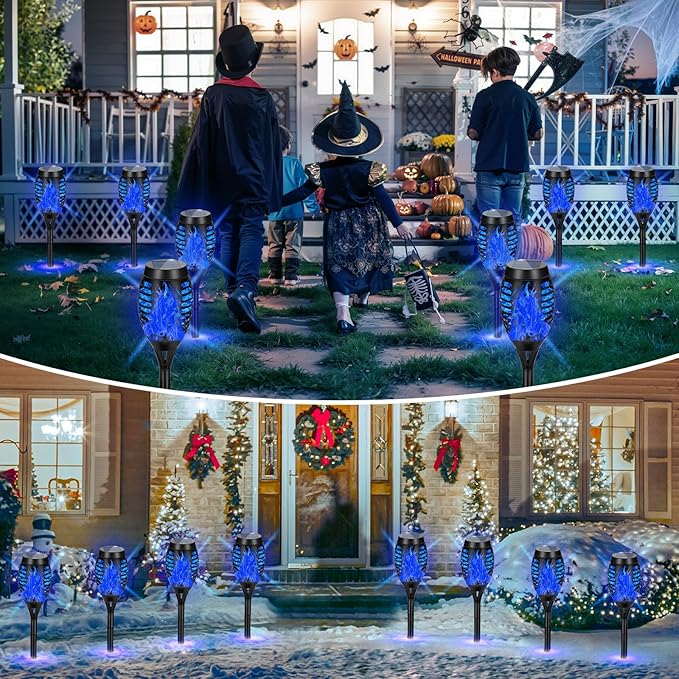 12 Pack Solar Torch Lights Outdoor Waterproof - Blue Flickering Flame, Outdoor Solar Garden Lights for Yard, Tiki Torches for Outside Patio Pathway Decorations