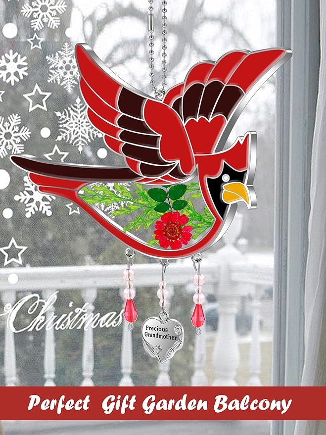 KY&BOSAM Cardinal Suncatcher Precious Grandmother Glass Hanging for Windows Wind Chime Ornament with Pressed Real Flowe and Heart Charm Birthday Gifts for Women Mother's Day Christmas