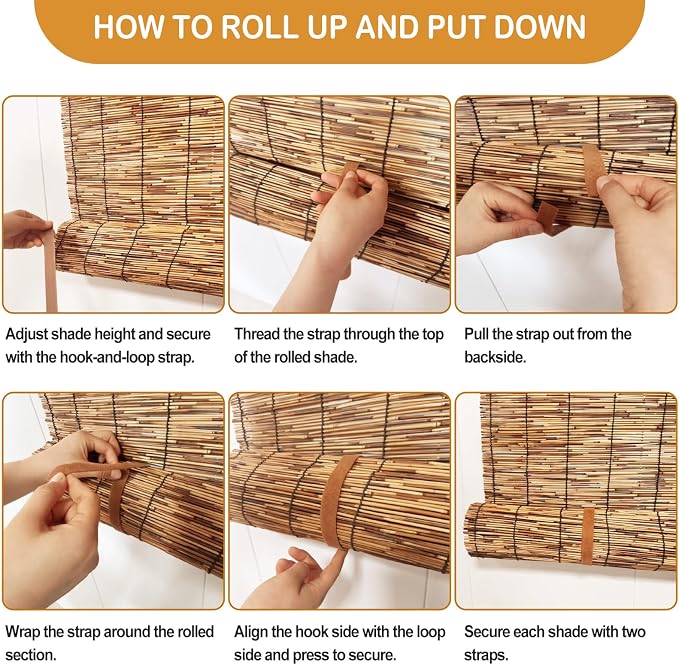 DoubleFill 3 Pcs Bamboo Shades Outdoor Reed Roll Up Blinds 72" W x 72" H - Image 2