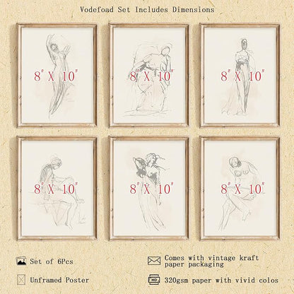 Vodefoad Figure Sketch Art Print Neutral Gallery Wall 6Pcs Set Soft feminine - Image 2