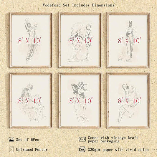 Vodefoad Figure Sketch Art Print Neutral Gallery Wall 6Pcs Set Soft feminine - Image 2