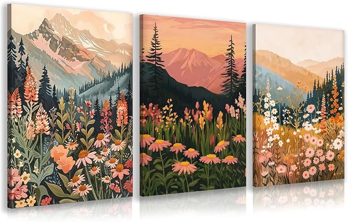 KBKBART Boho Colorful Landscape wall art Set of 3, Wildflower Mountain Wall by KBKBART