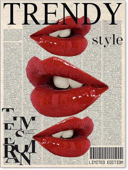 jkahh Trendy Y2k Newspaper Wall Art Vintage Red Lips Kiss Prints Poster Fashion by Unknown