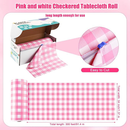 Kochorie 54 Inch x 300 Ft Light Pink Checkered Plastic Table Cloth Roll - Image 2
