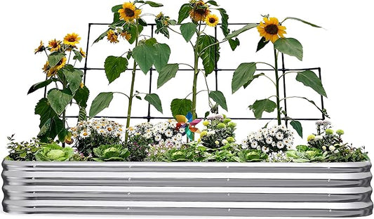 KING BIRD Raised Garden Bed with Wall Trellis Galvanized Planter Garden Box Outdoor for Gardening, Climbing Vegetables, Flowers 7.87x3.94x0.98 Ft, Silver