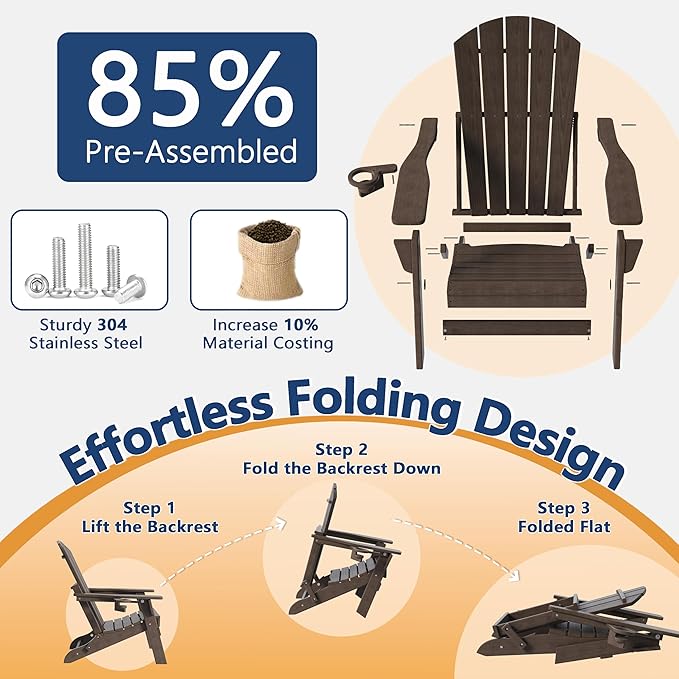 Folding Adirondack Chair Set of 3 with Cup Holder, HDPE All Weather Resistant Plastic Outdoor Patio Chairs, Heavy Duty Fire Pit Seating for Backyard Lawn Garden, Wooden Textured Design(Coffee)