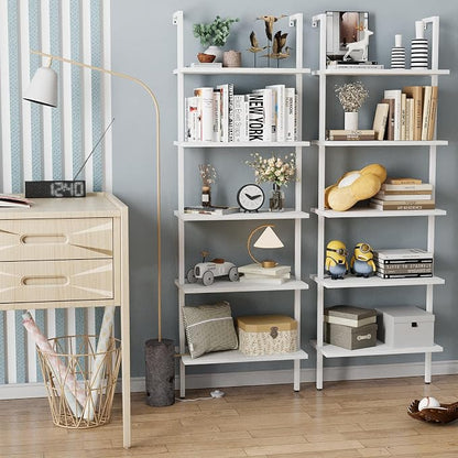 aboxoo Ladder Shelf White Wooden Bookshelf 5-Tier Wall-Mounted Open Wood Rack - Image 4