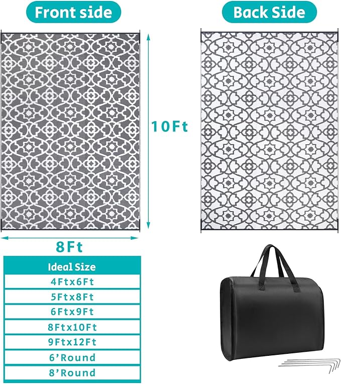 HEBE Outdoor Rug Waterproof 8x10, Plastic Straw Rug Camping Rug, Reversible Outdoor Patio Rugs RV Mat Clearance, Indoor Outside Floor Carpet for Porch,Deck,Camper,Balcony,Backyard