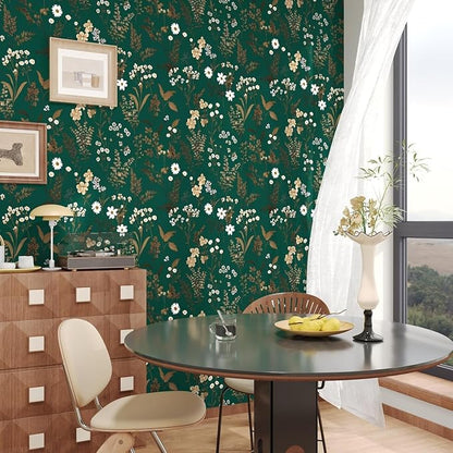 Laatse Dark Floral Wallpaper Peel and Stick 17.5in x393in Vintage Green Gold - Image 3