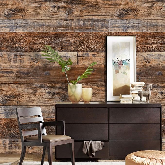 WENMER 17.71" x 1181" Brown Wood Wallpaper Peel and Stick Wallpaper Shiplap - Image 2