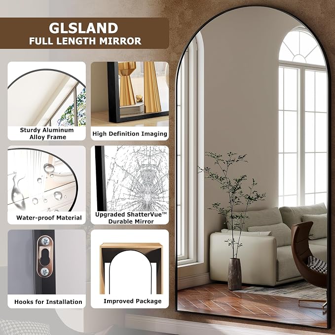 GLSLAND-34x76 inch Wall Mount Arched Full Length Mirror-Aluminum Alloy Frame - Image 5