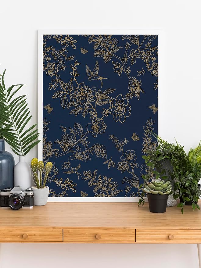Froluya Dark Blue and Gold Vintage Floral Peel and Stick Wallpaper 17.7"x118.1" - Image 8