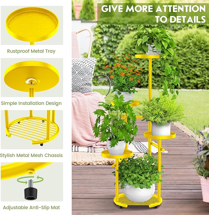 TOSKING 5 Tier Metal Plant Stand Indoor， Plant Shelf, Corner Shelf Flower Pot Stand for Outdoor Plant Stand for Living Room Balcony Garden Patio Bedroom (5Tier-37''-yellow)