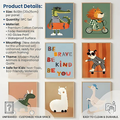 tgguytiy Kids Room Wall Art Set of 9 Cute Cartoon Animal Canvas Prints Nursery - Image 3