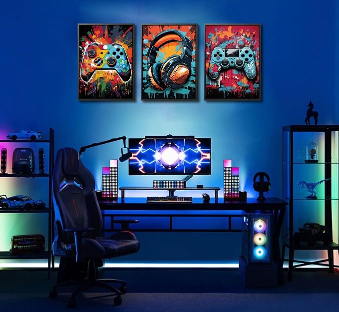 3Pcs Framed Cool Gaming Wall Art Retro Video Gamer watercolor Posters Pictures - Image 5