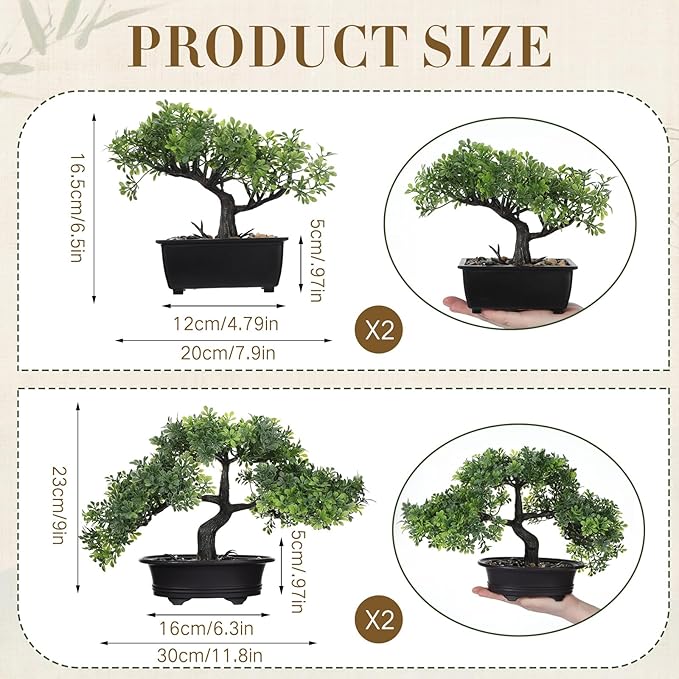 Jexine 4 Pack Artificial Bonsai Tree, Indoor Small Fake Plants in Pots for Home Table Office Desk Bathroom Shelf Bookshelf Bedroom Living Room Farmhouse Decorations