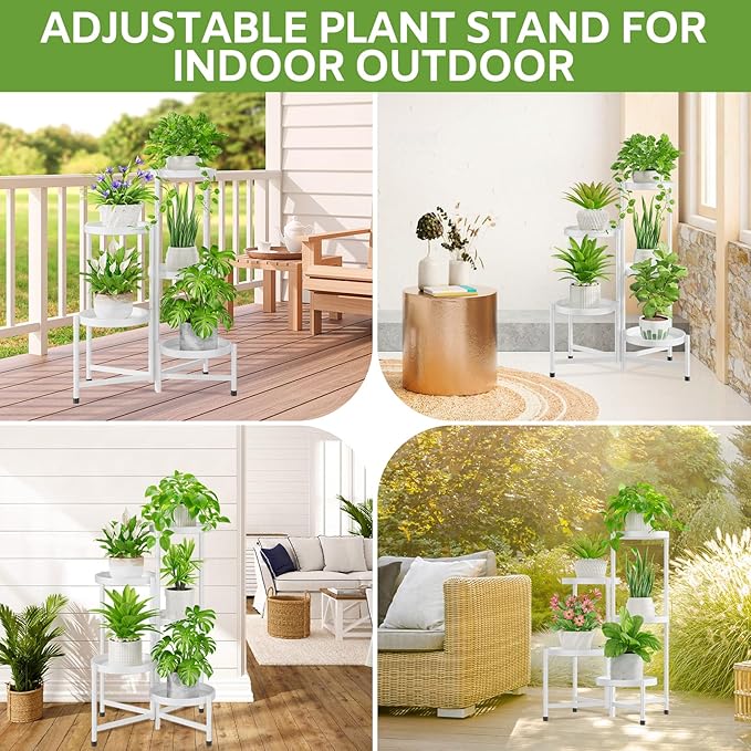 iDavosic.ly 5 Tier Large Plant Stand Indoor with 10 Inch Wide Tray, Tiered Corner Metal Outdoor Flower Display Holder Shelf, Folding Tall Rack for Patio Porch Living Room, White