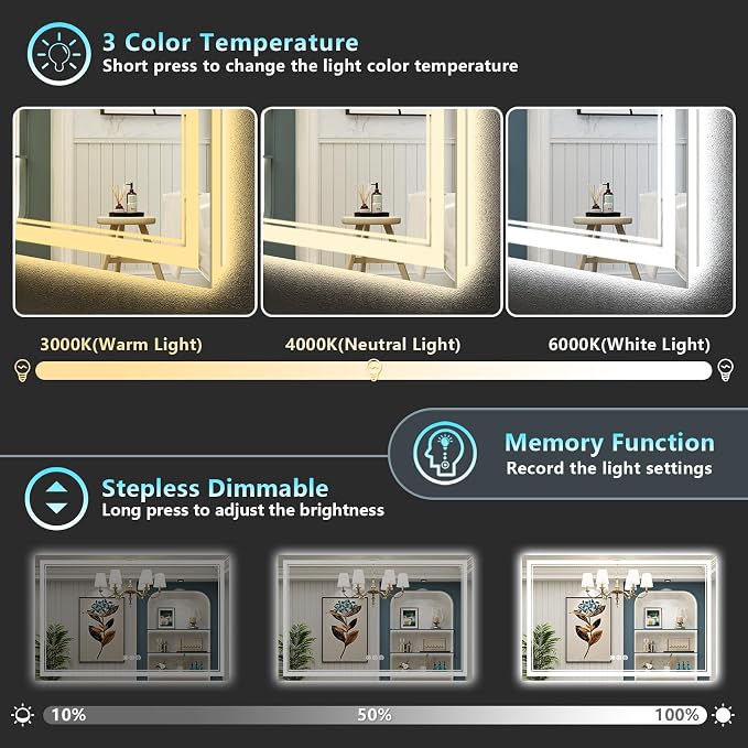 50x40 LED Bathroom Mirror with Lights, Backlit and Front Lit Anti-Fog Lighted - Image 4