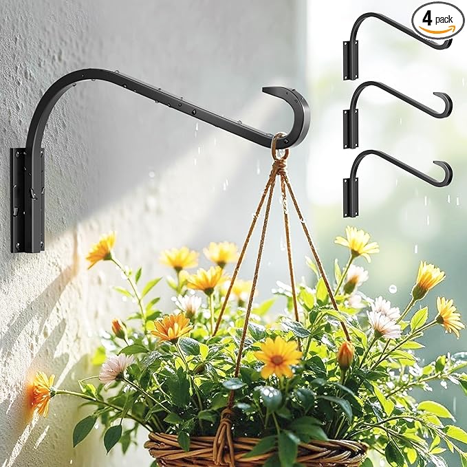 12 Inch 4 Pack Plant Hangers for Indoor/Outdoor Wall Mount - Heavy Duty Hanging Plant Holder & Bird Feeder Hooks, Decorative Black Metal Wall Hangers for Plants, Flower Baskets