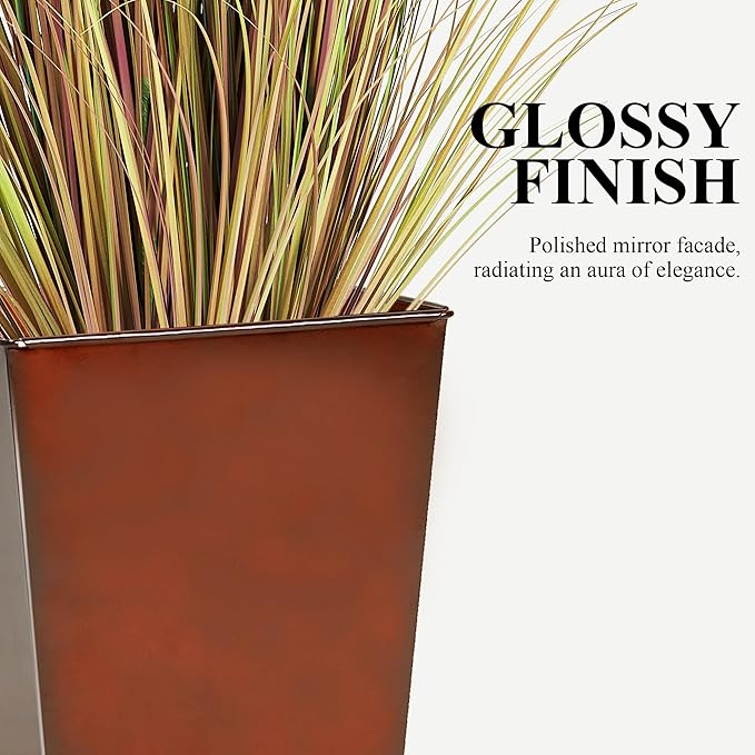 Worth Garden Large Metal Glazed Floor Planter Set of 2-14" Dia x 18" H - Luxurious Glossy Finish Red Tall Square Tapered Steel Plant Pots, Decor Flower Pot Indoor & Outdoor, Drainage Hole