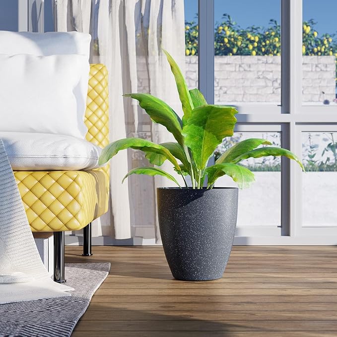 QCQHDU Plant Pots Set of 2 Pack,10 Inch Plant Pot for Indoor and Outdoor Plants with Drainage Hole,Flower Pots Modern Decorative Planter for Garden Plants (Black)