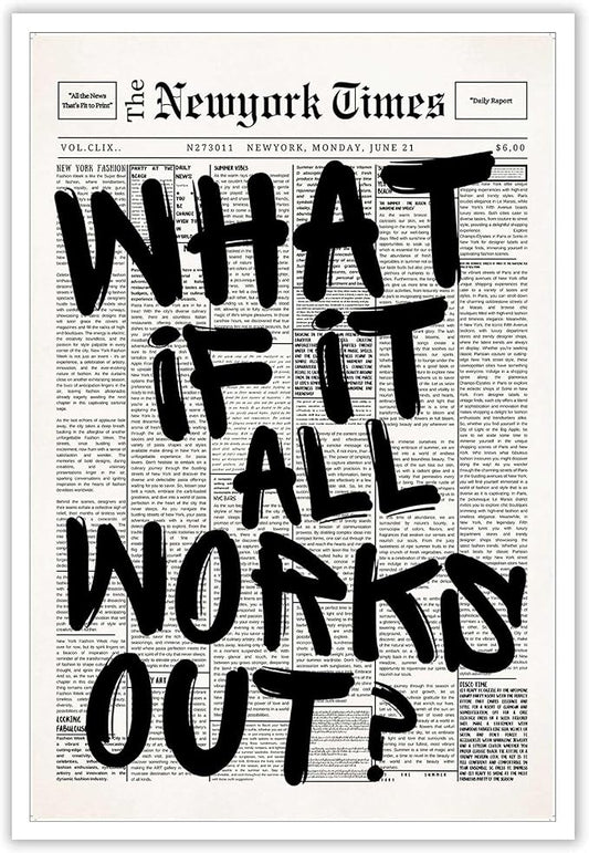 Retro Black And White Newspaper Poster What If It All Works Out Canvas Wall Art by Drimiler