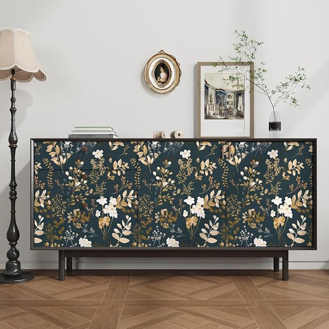 Laatse Navy Floral Wallpaper Peel and Stick Boho Wallpaper Vintage Blue/Gold - Image 4