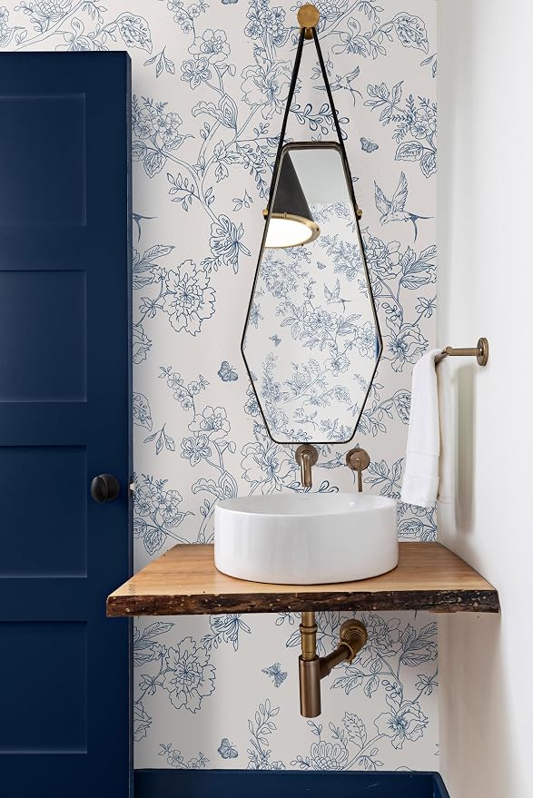 Froluya Cream White and Blue Floral Wallpaper Peel and Stick Wallpaper - Image 7
