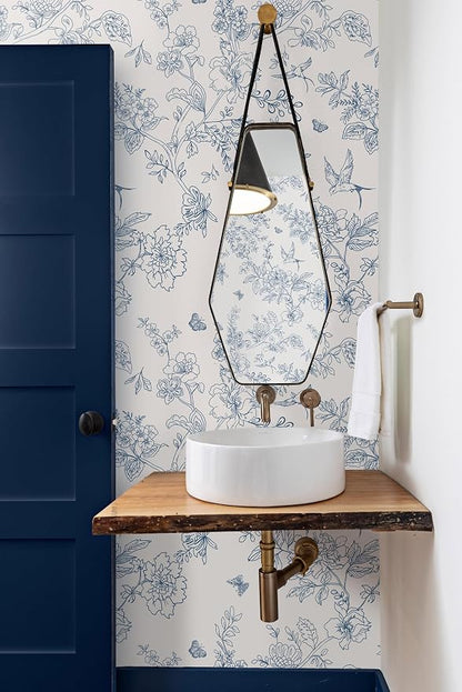 Froluya Cream White and Blue Floral Wallpaper Peel and Stick Wallpaper - Image 7