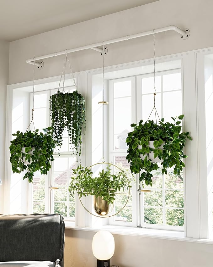 Plant Hanger Indoor, Hanging Planters for Indoor Plants with 6 Hanging Chains, Wall Plant Hanging Rod for Window Ceiling, 65 Inch, Metal/White…