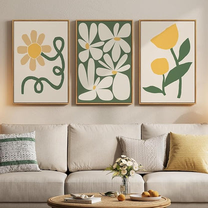 Framed Boho Abstract Wall Art Bedroom, 3 Piece Green and Yellow Mid Century by Cuspin