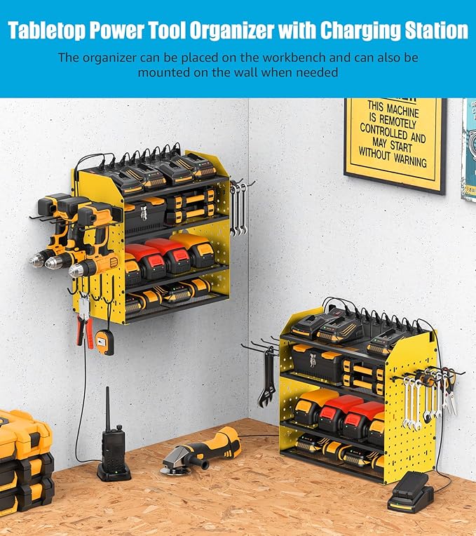 CCCEI Modular Desk Power Tools Organizer with Charging Station, 4 Layer Drills Battery Storage Wall Mount, Garage Shop Organization, Anniversary, Birthday, Gifts for Men, Father, Yellow, 6FT Cord.